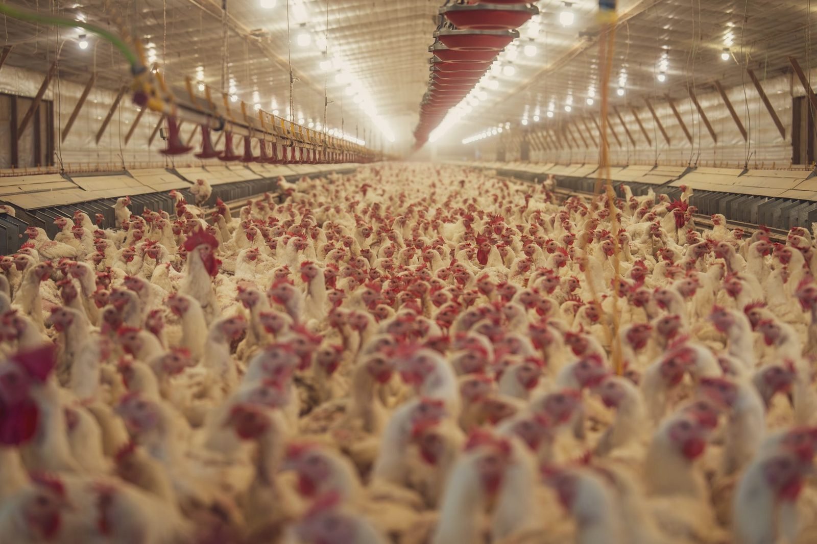 Inside a long broiler house full of white chickens under rows of lights